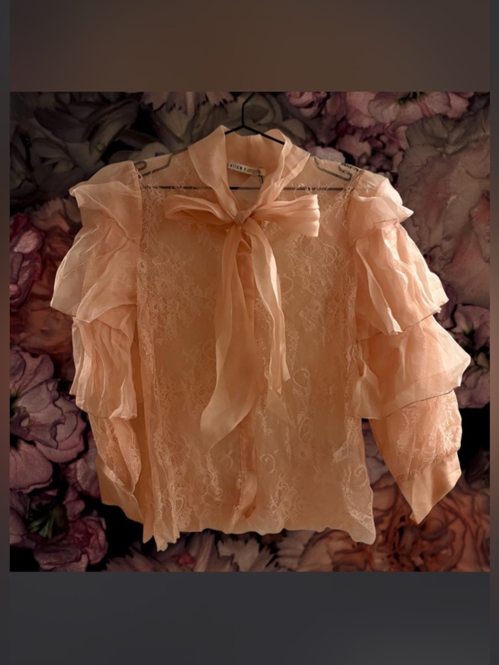 Pink silk and  Lace Tie-Neck Ruffle Blouse